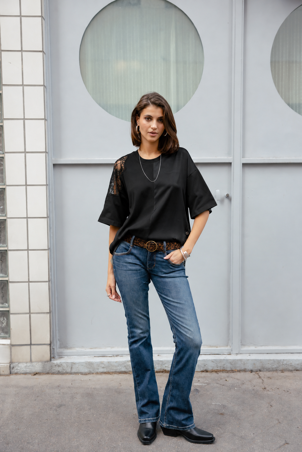 

Bi-Material-T-Shirt mit Spitze Damen Tizay Lace black | Freeman T. Porter