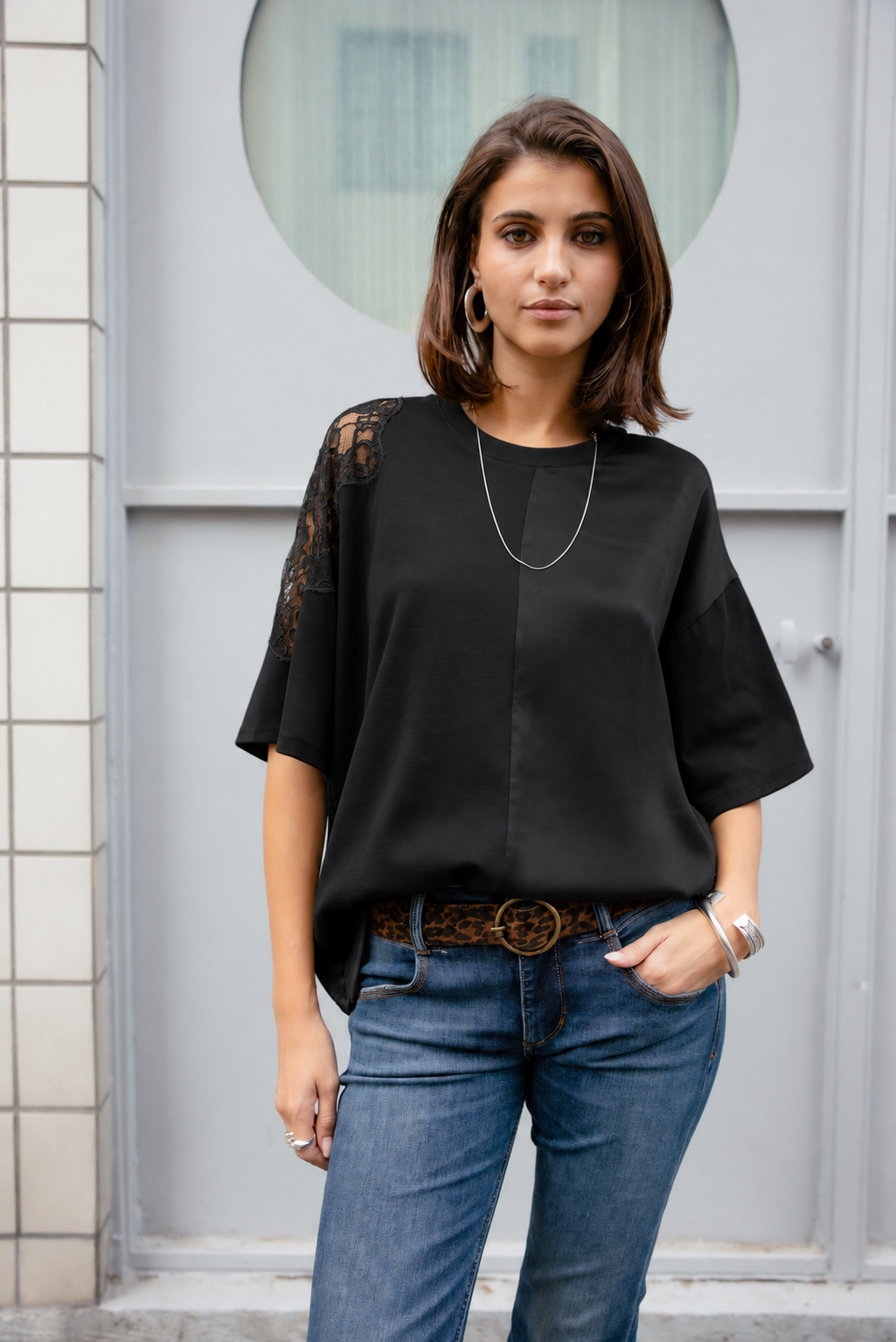 

Bi-Material-T-Shirt mit Spitze Damen Tizay Lace black | Freeman T. Porter
