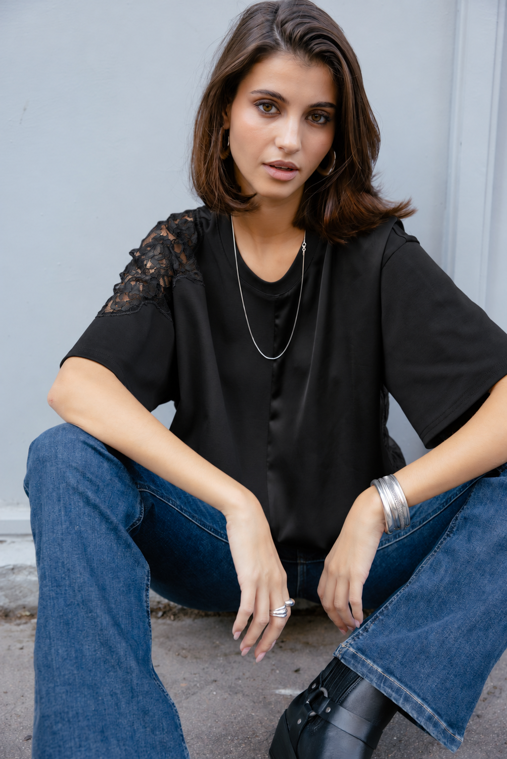 

Bi-Material-T-Shirt mit Spitze Damen Tizay Lace black | Freeman T. Porter