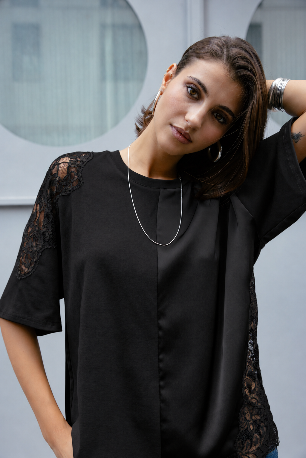 

Bi-Material-T-Shirt mit Spitze Damen Tizay Lace black | Freeman T. Porter