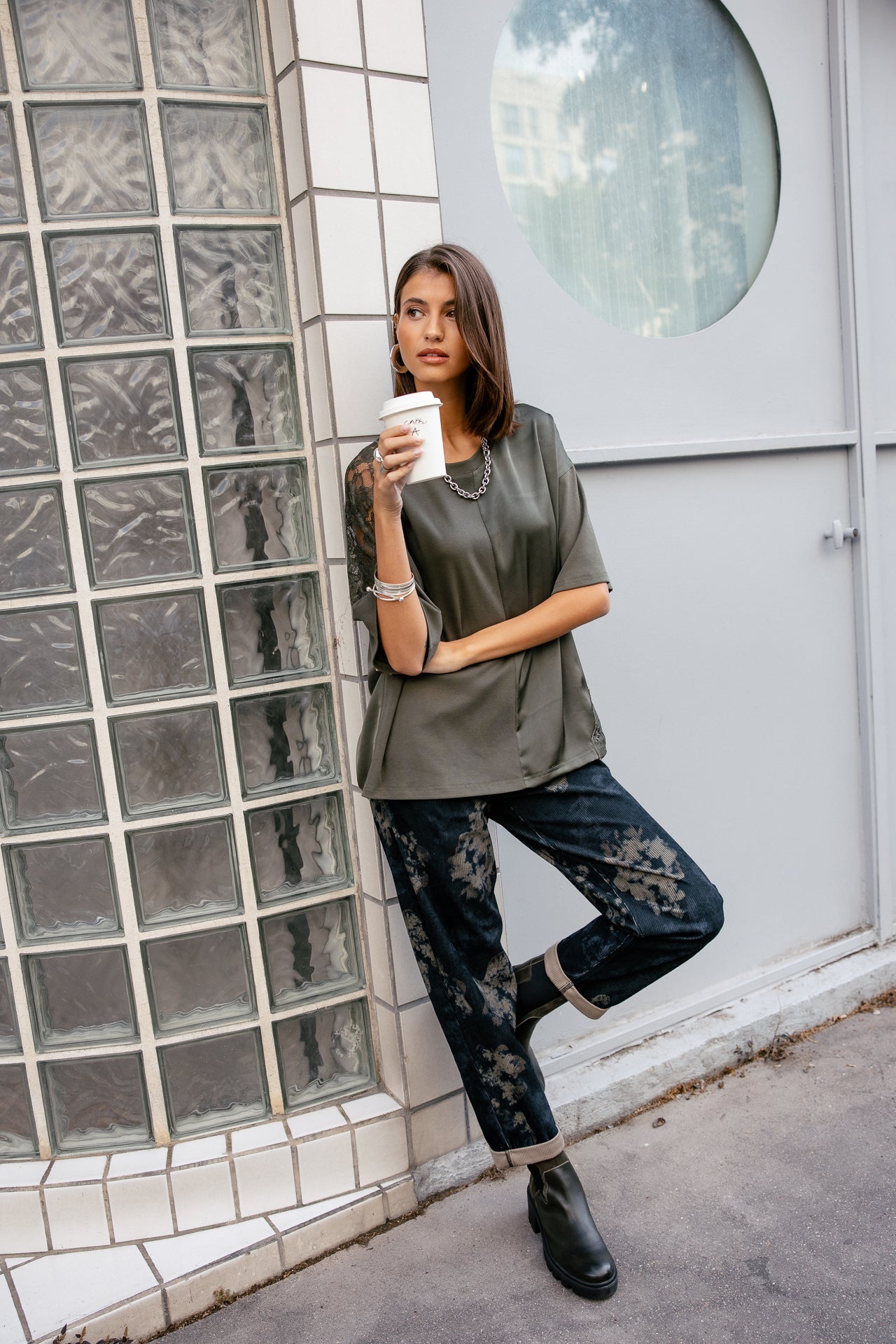 

T-Shirt aus zwei Materialien mit Spitze Damen Tizay Lace forest night | Freeman T. Porter