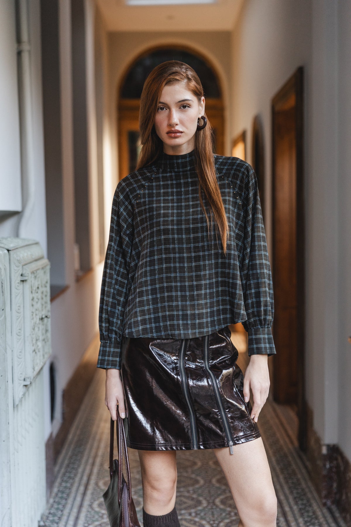 

Transparente Bluse mit Ballonärmeln Damen Terezia Tartan brown / blue | Freeman T. Porter