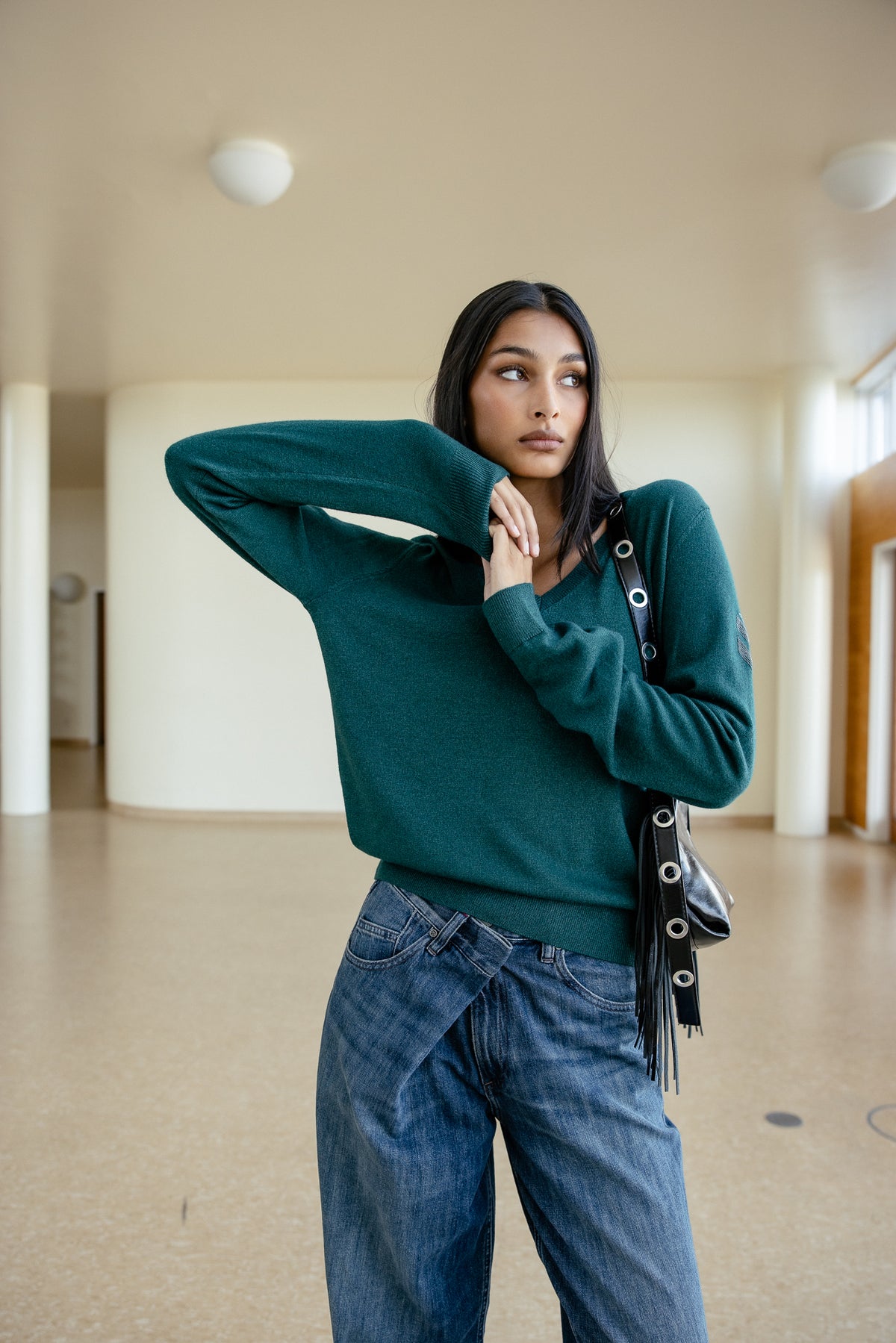 

Leichter glitzernder Pullover mit Schulterstickerei Damen Preem Shiny sea moss | Freeman T. Porter