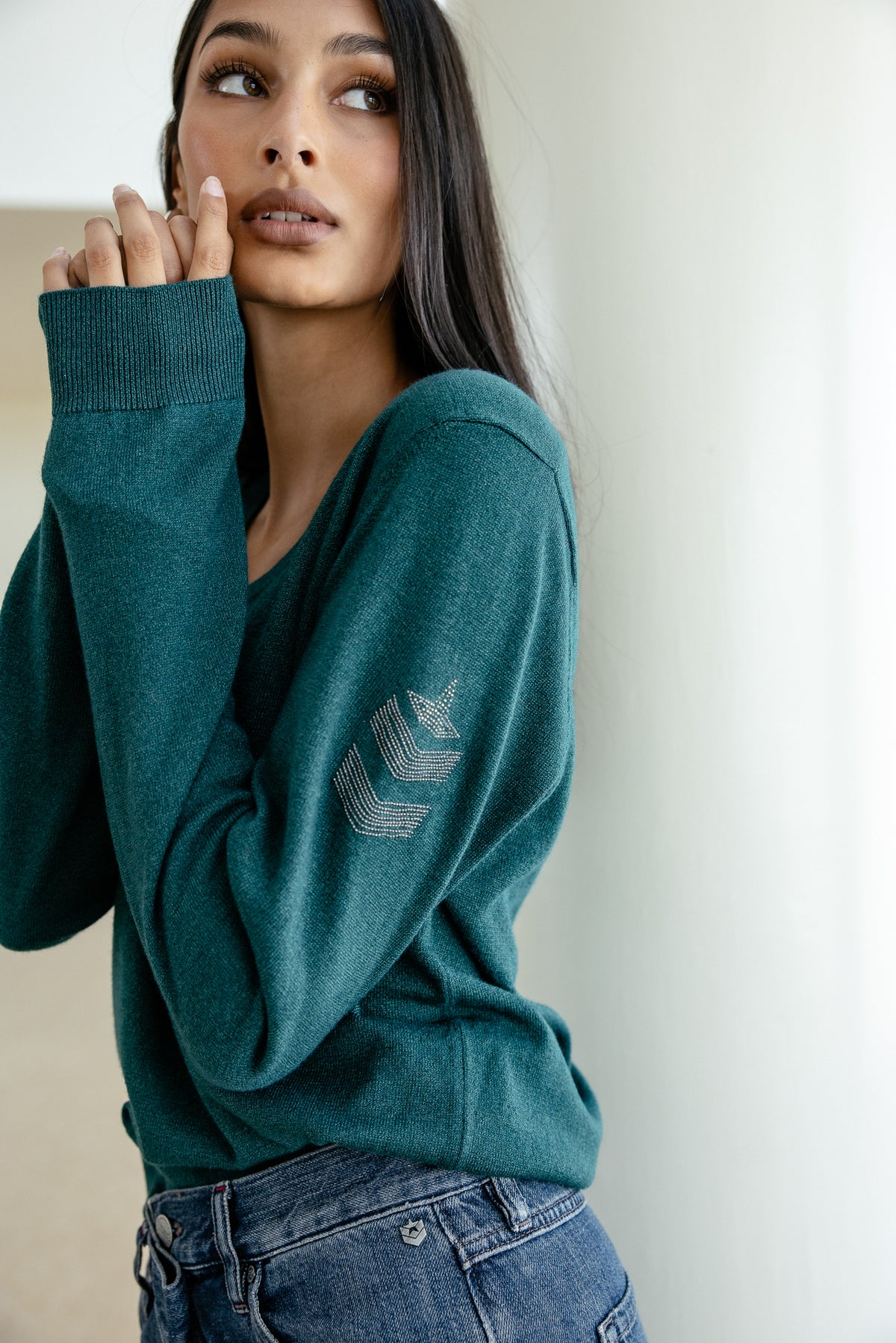 

Leichter glitzernder Pullover mit Schulterstickerei Damen Preem Shiny sea moss | Freeman T. Porter