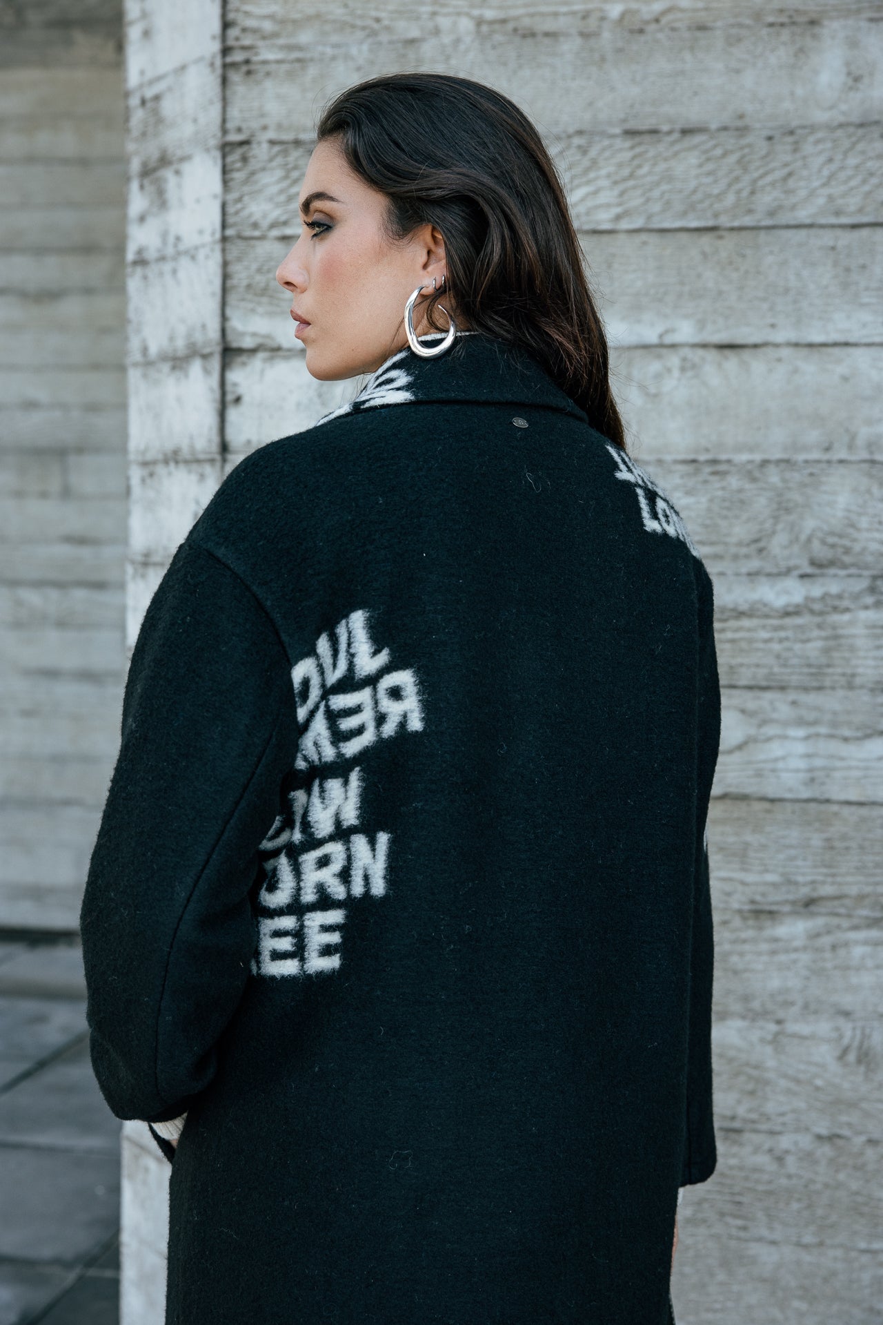 

Manteau long en laine bouillie Femme Millie Intarsia black | Freeman T. Porter