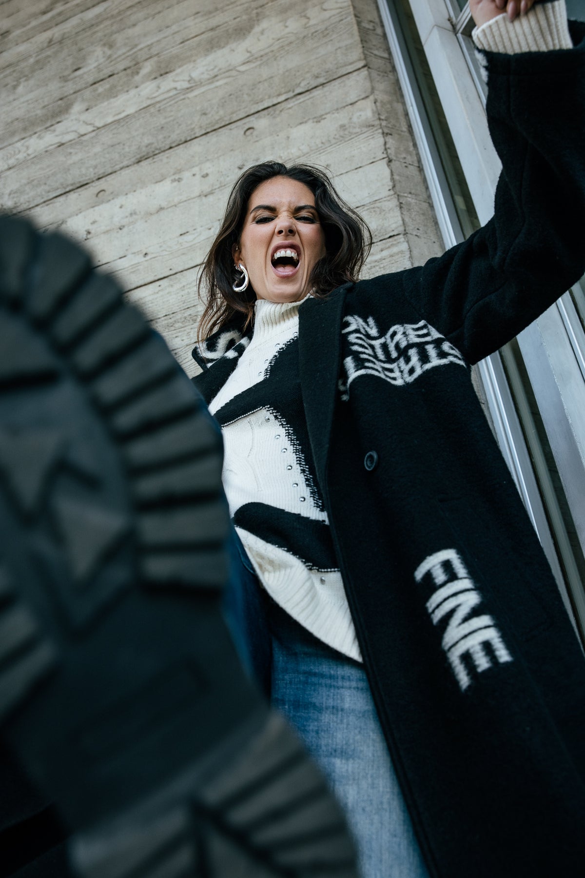 

Manteau long en laine bouillie Femme Millie Intarsia black | Freeman T. Porter