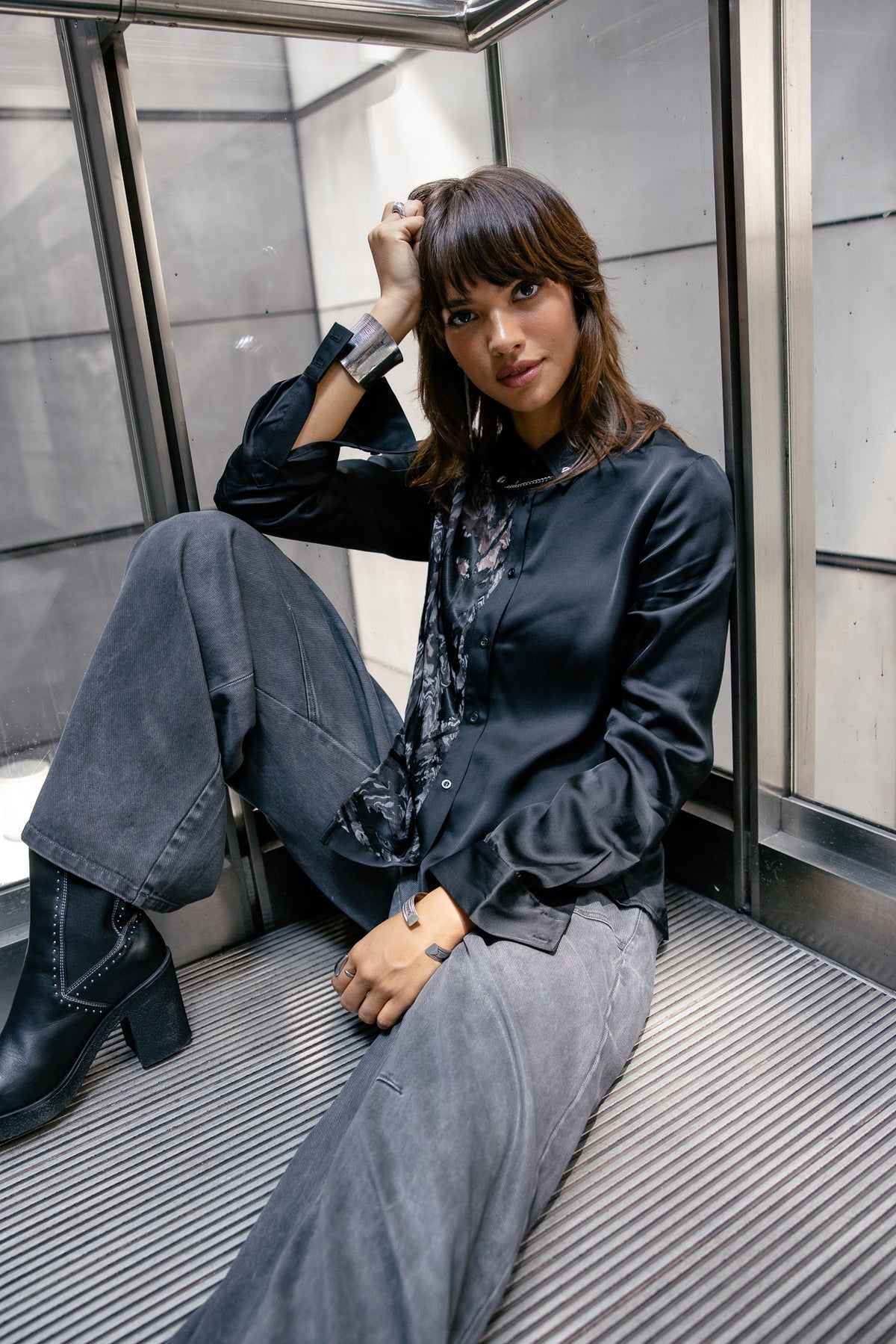 

Chemise bi-matière voile et satin Femme Cayaba Mix black | Freeman T. Porter