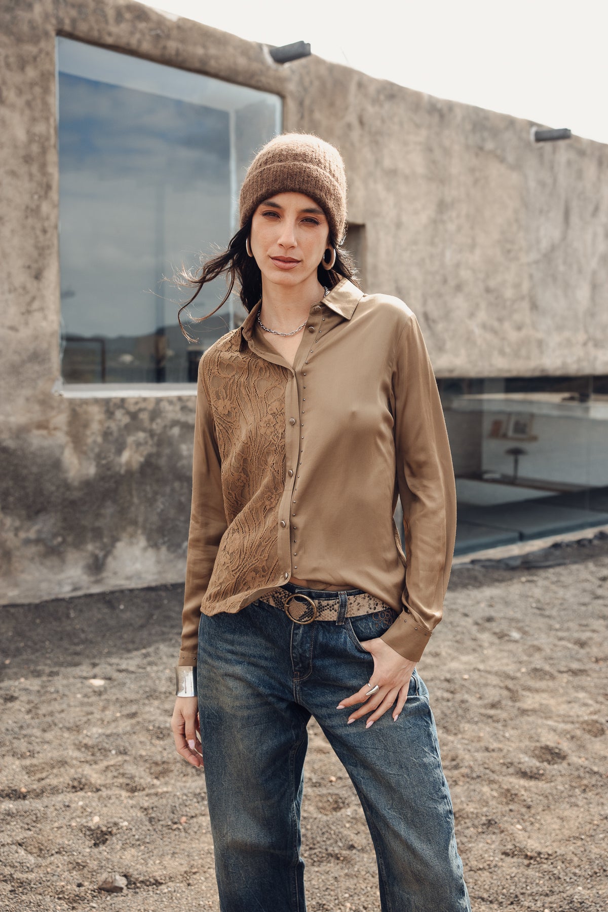 

Bluse aus Materialmix mit Spitze und Satin Damen Cayaba Lace bronze | Freeman T. Porter