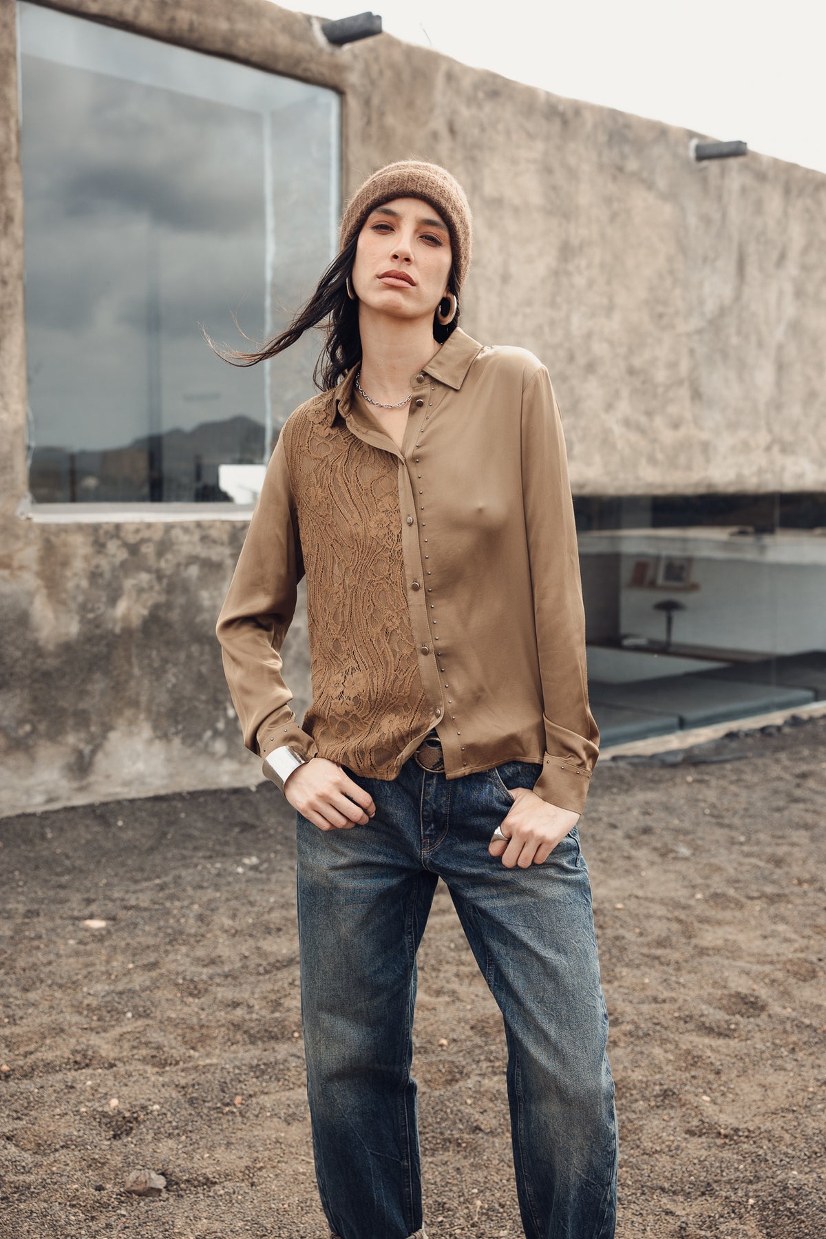 

Bluse aus Materialmix mit Spitze und Satin Damen Cayaba Lace bronze | Freeman T. Porter