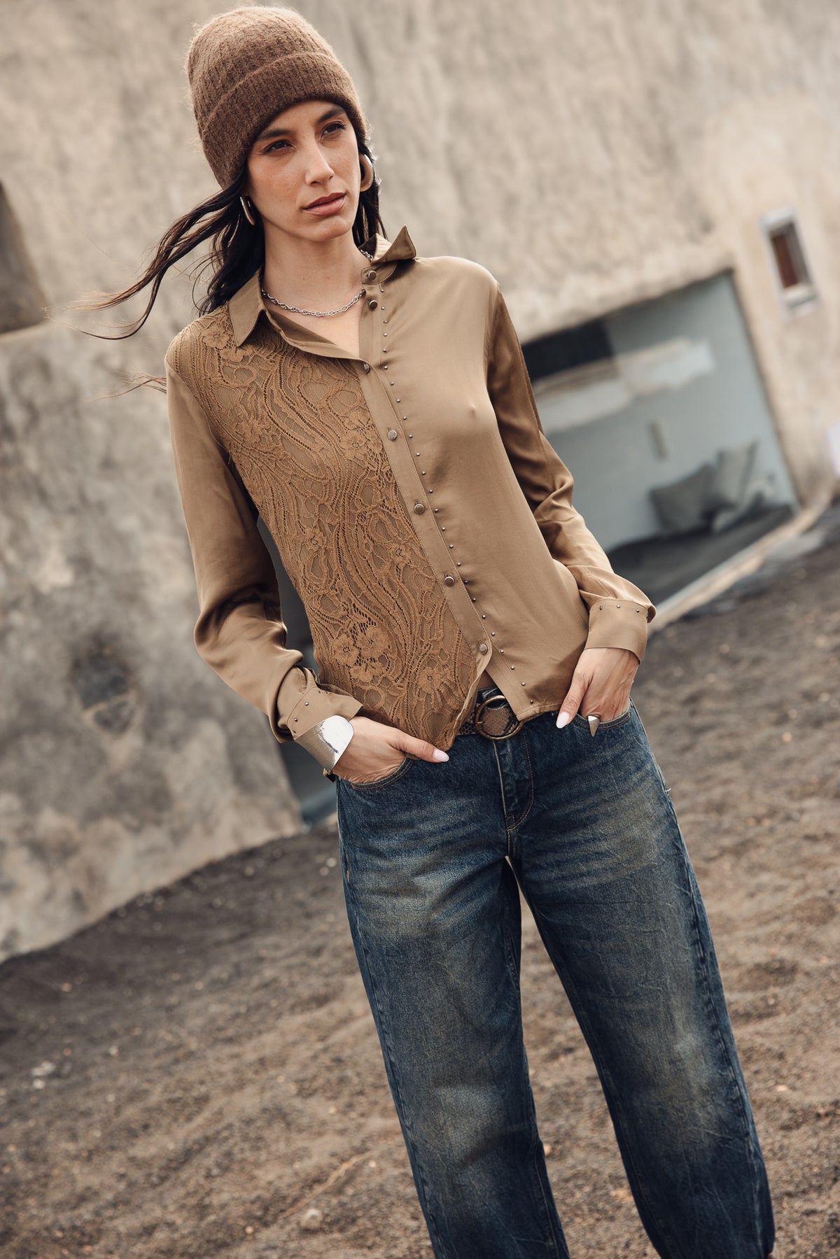 

Bluse aus Materialmix mit Spitze und Satin Damen Cayaba Lace bronze | Freeman T. Porter