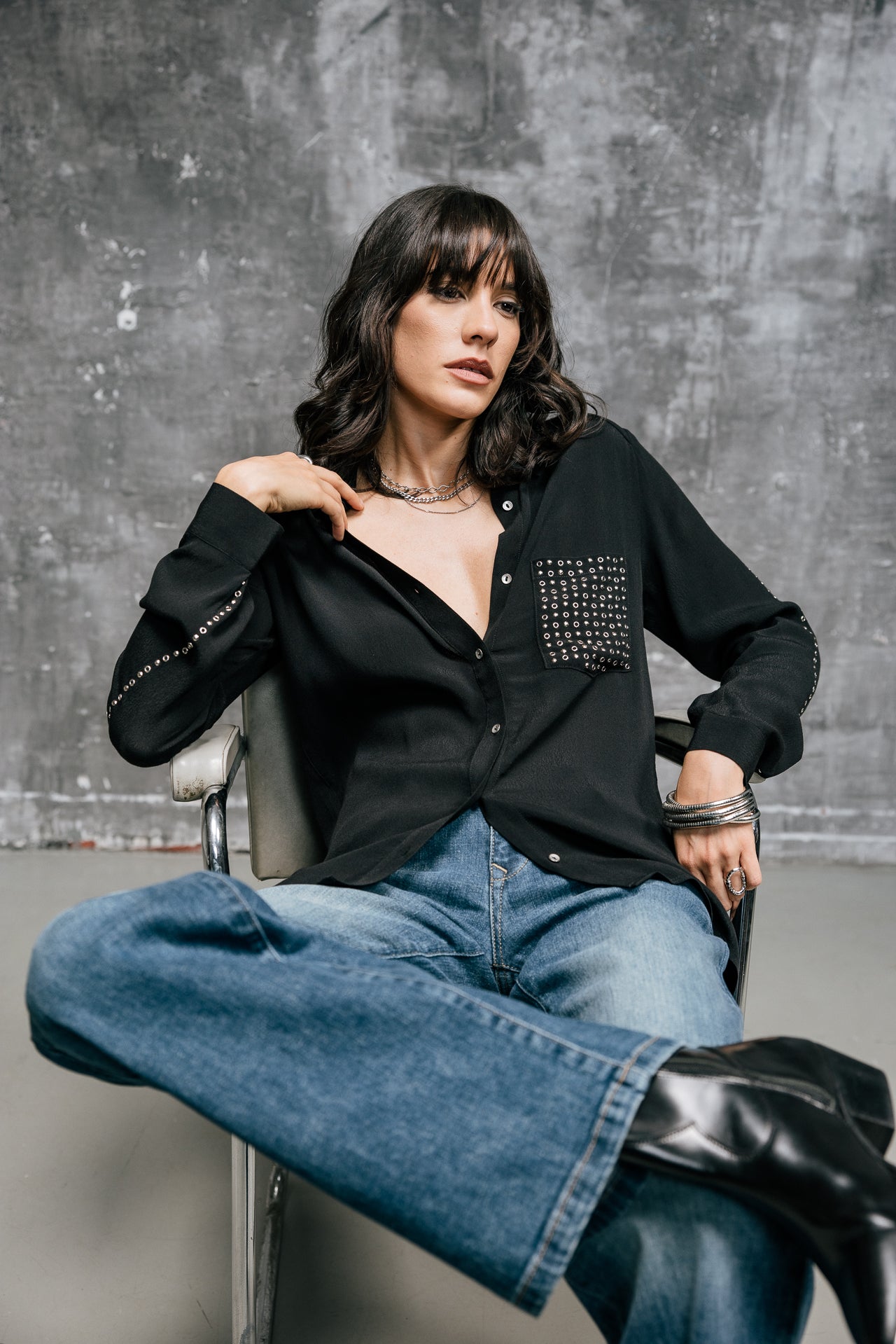 

Gerades Hemd mit Nieten-Details Damen Cali Plain black | Freeman T. Porter