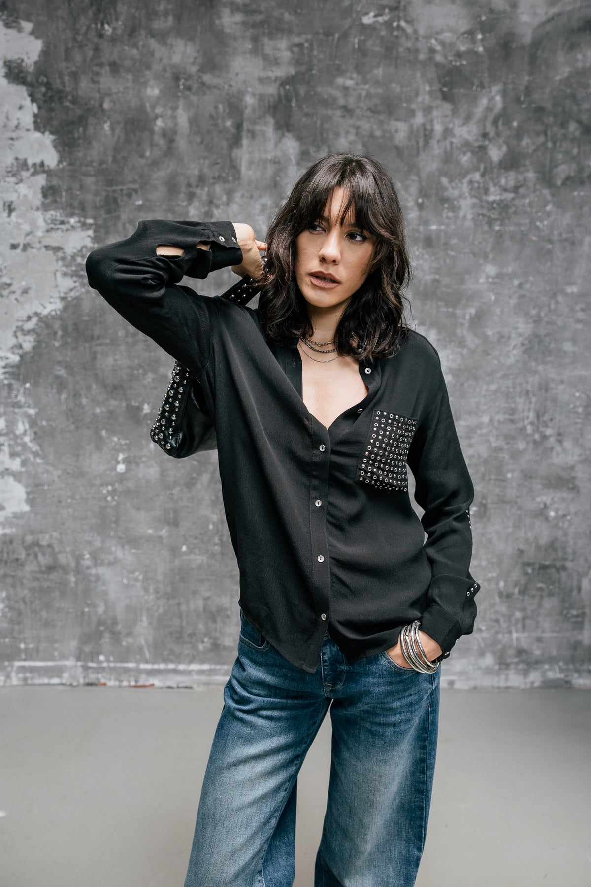 

Gerades Hemd mit Nieten-Details Damen Cali Plain black | Freeman T. Porter
